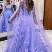 Lavender 3D Floral Lace A Line Sleeves Long Prom Dresses,BD2310001 - Thumbnail 1