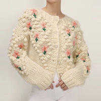 New hand-made floral embroidery twist pearl button sweater, vintage cardigan jacket - Thumbnail 1