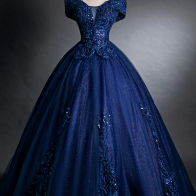 Blue tulle lace long a line ball gown, off the shoulder evening party dress kpp1561 - Thumbnail 2