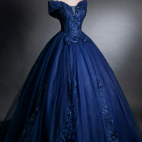 Blue Tulle Lace Long A Line Ball Gown, Off the Shoulder Evening Party Dress KPP1561 - Thumbnail 1