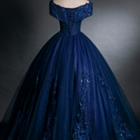 Blue Tulle Lace Long A Line Ball Gown, Off the Shoulder Evening Party Dress KPP1561 - Thumbnail 4