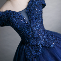 Blue Tulle Lace Long A Line Ball Gown, Off the Shoulder Evening Party Dress KPP1561 - Thumbnail 3