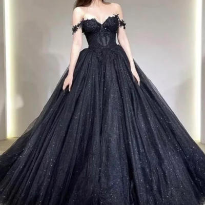 Black off the shoulder tulle lace princess dress, shiny tulle floor length evening party dress kpp1563