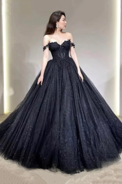 Black Off the Shoulder Tulle Lace Princess Dress, Shiny Tulle Floor Length Evening Party Dress KPP1563