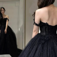 Black Off the Shoulder Tulle Lace Princess Dress, Shiny Tulle Floor Length Evening Party Dress KPP1563 - Thumbnail 1