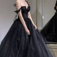 Black Off the Shoulder Tulle Lace Princess Dress, Shiny Tulle Floor Length Evening Party Dress KPP1563 - Thumbnail 2