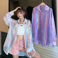 Thin loose solid color reflective blouses - Thumbnail 4