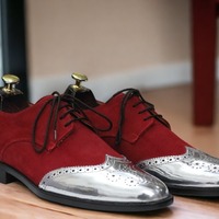 Handmade Burgundy Silver Wing Tip Style Shoes, Men's Oxford Leather Suede Shoes - Thumbnail 1