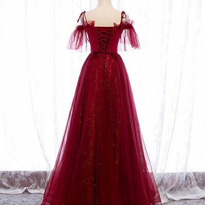 Burgundy sweetheart tulle lace long prom dress burgundy formal dress