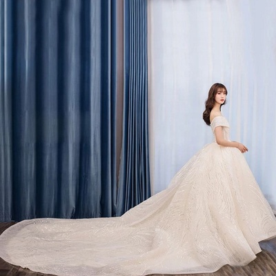 Off-shoulder sweetheart new bride beige star luxury word shoulder robe de mariage dream tail court wedding dresses,1614 - Thumbnail 2