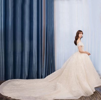 Off-Shoulder Sweetheart New Bride Beige Star Luxury Word Shoulder Robe De Mariage Dream Tail Court Wedding Dresses,1614