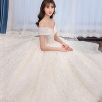 Off-Shoulder Sweetheart New Bride Beige Star Luxury Word Shoulder Robe De Mariage Dream Tail Court Wedding Dresses,1614 - Thumbnail 2