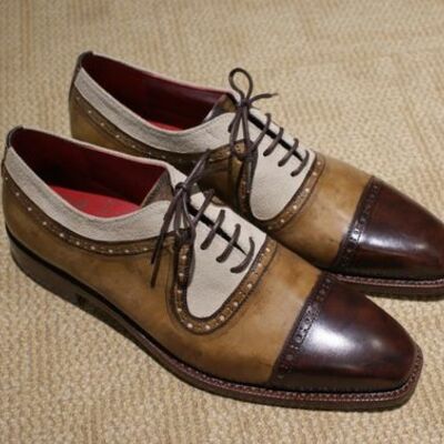 Handmade twotone oxfords cap toe shoes men's lace up formal shoes - Thumbnail 1