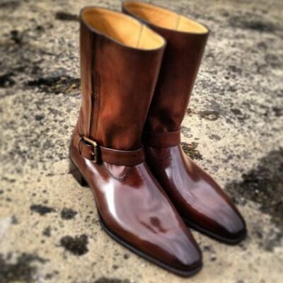 Handmade dark brown leather buckle style riding jodhpur boot