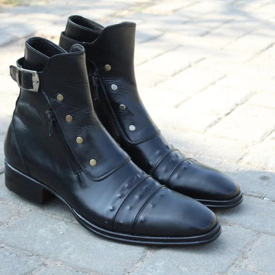 Jo ghost italian black calf leather combat jodhpur buckle boot with zipper and button - Thumbnail 3