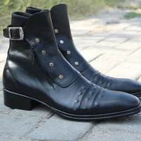 Jo Ghost Italian Black Calf Leather Combat Jodhpur Buckle Boot with Zipper and Button - Thumbnail 2