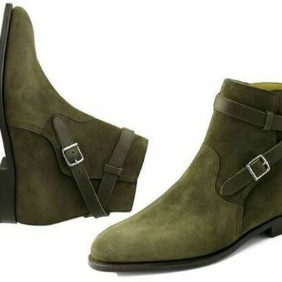 New handmade jodhpur hunter green color suede leather buckle closure boot