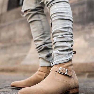 Men's handmade beige ankle high suede stylish side zipper jodhpurs buckle boot - Thumbnail 3
