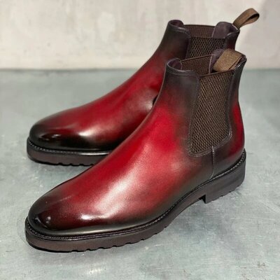 Handmade Red Patina Leather Men Chelsea Boot