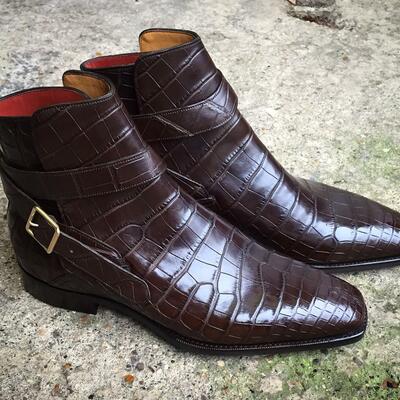 Handmade dark brown leather alligator skin jodhpur dress boot, ankle high monk strap boot - Thumbnail 1