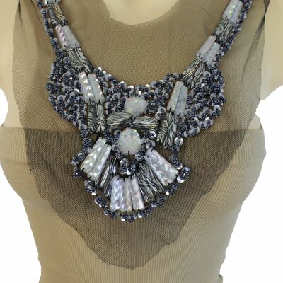 Women black lace long satin tie strand necklace zebra beads silver sequins