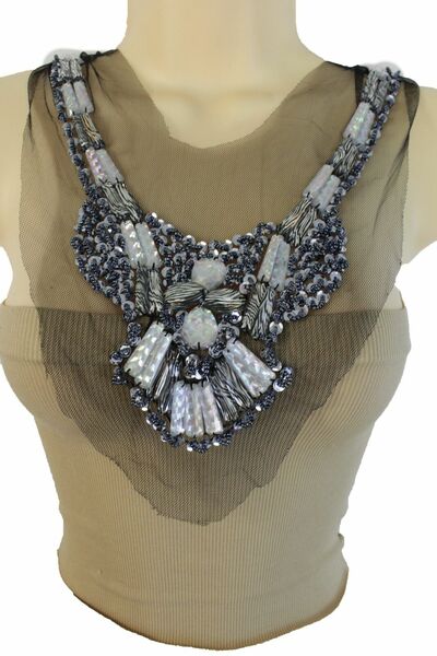 Women Black Lace Long Satin Tie Strand Necklace Zebra Beads Silver Sequins