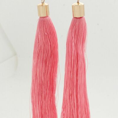 Women fashion jewelry earrings bright pink long fabric fringes tassel