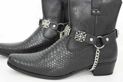 Biker Men Boot Silver Metal Chain 2 Straps Weekend Cross Charms Motorcycle Rider