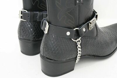 Biker Men Boot Silver Metal Chain Pair Leather 2 Straps CROSS Charms Motorcycle