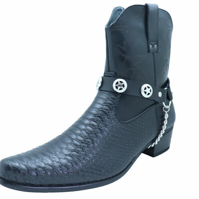 Biker men western boot silver chain black 2 straps texas lone star charm rocker