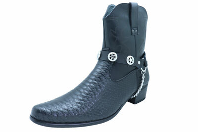 Biker Men Western Boot Silver Chain Black 2 Straps Texas Lone Star Charm Rocker
