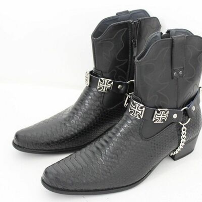 Biker men western boot silver chain pair leather straps cross charms punk rocker
