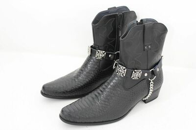 Biker Men Western Boot Silver Chain Pair Leather Straps Cross Charms Punk Rocker
