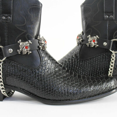 Biker western boots bracelets chain black leather 2 straps silver skull skeleton