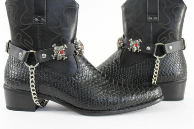 Biker Western Boots Bracelets Chain Black Leather 2 Straps Silver Skull Skeleton