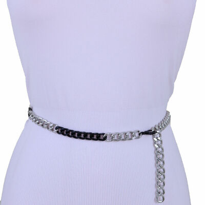Women black silver metal chain link attractive narrow waistband belt m l xl