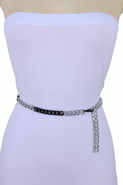 Women Black Silver Metal Chain Link Attractive Narrow Waistband Belt M L XL