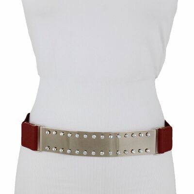 Women burgundy red elastic waistband belt bling gold metal plate buckle s m