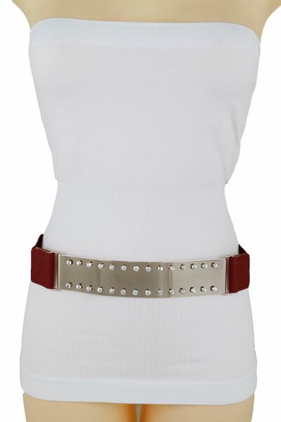 Women Burgundy Red Elastic Waistband Belt Bling Gold Metal Plate Buckle S M