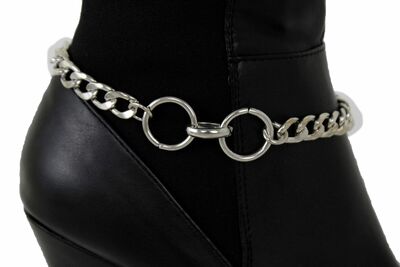 Classy Women Silver Metal Boot Chain Western Bling Shoe Bracelet 2 Ring Charms