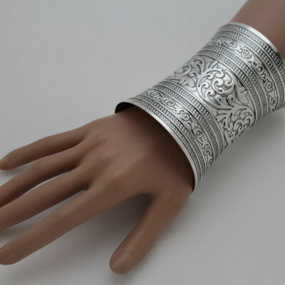 Women extra long silver metal cuff bracelet fashion jewelry wonder filigree