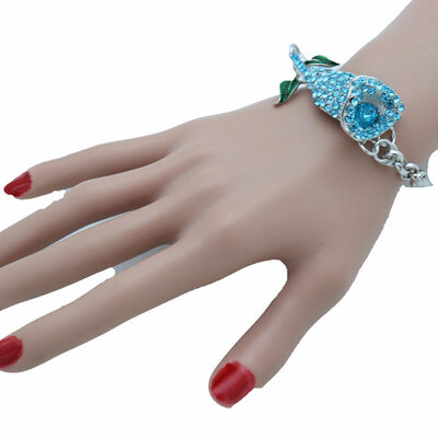Women fashion bracelet silver metal chain turquoise blue flower bling charm