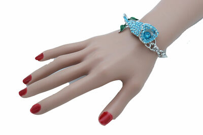 Women Fashion Bracelet Silver Metal Chain Turquoise Blue Flower Bling Charm