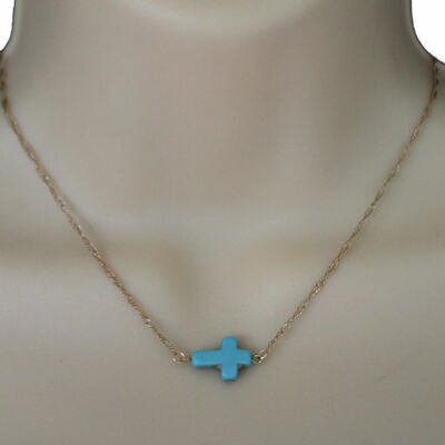 Women fashion necklace gold metal chain turquoise blue cross charm pendant