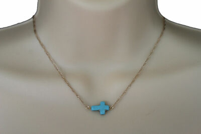 Women Fashion Necklace Gold Metal Chain Turquoise Blue Cross Charm Pendant