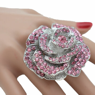 Women fashion ring silver metal jewelry pink flower rose good looking style