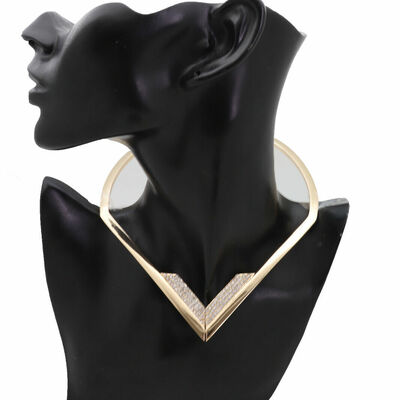 Women gold metal strand fashion jewelry choker necklace v shape dressy look