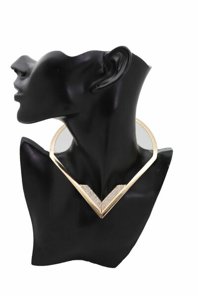 Women Gold Metal Strand Fashion Jewelry Choker Necklace V Shape Dressy Look