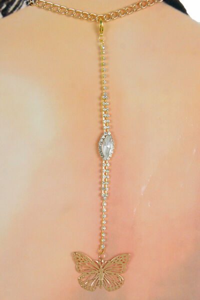 Women Gold Open Back Pendan Necklace Butterfly Charm Bling Fashion Jewelry