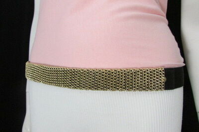 Dress Women Black Elastic Fashion Belt Gold Mesh Metal Chains Hip High Waist S M
